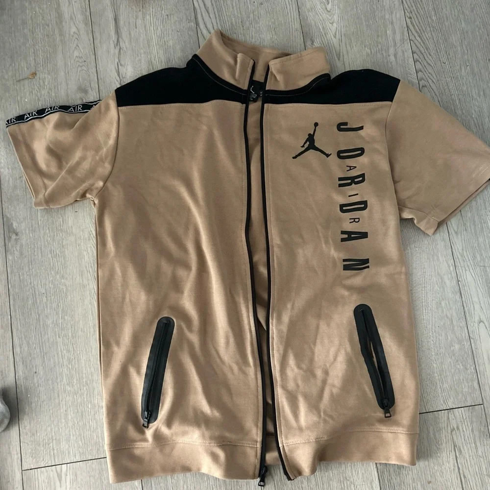Jordan Short-Sleeve Track Jacket in Tan with Black Accents